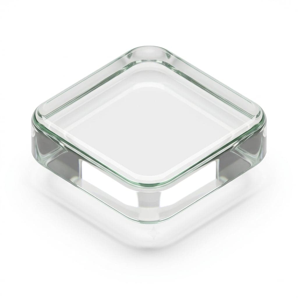 Bouton de fixation carré en PMMA transparent, vu de trois quarts, chants polis.