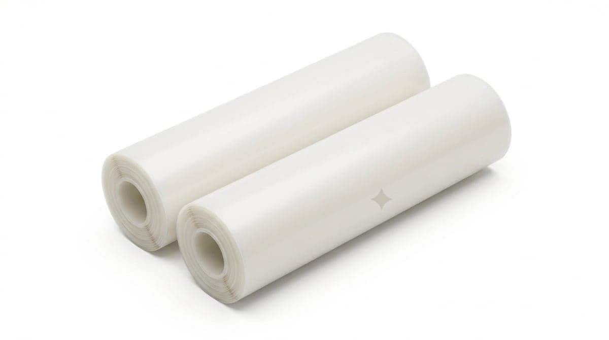Deux rouleaux de film polyéthylène naturel translucide, posés côte à côte.