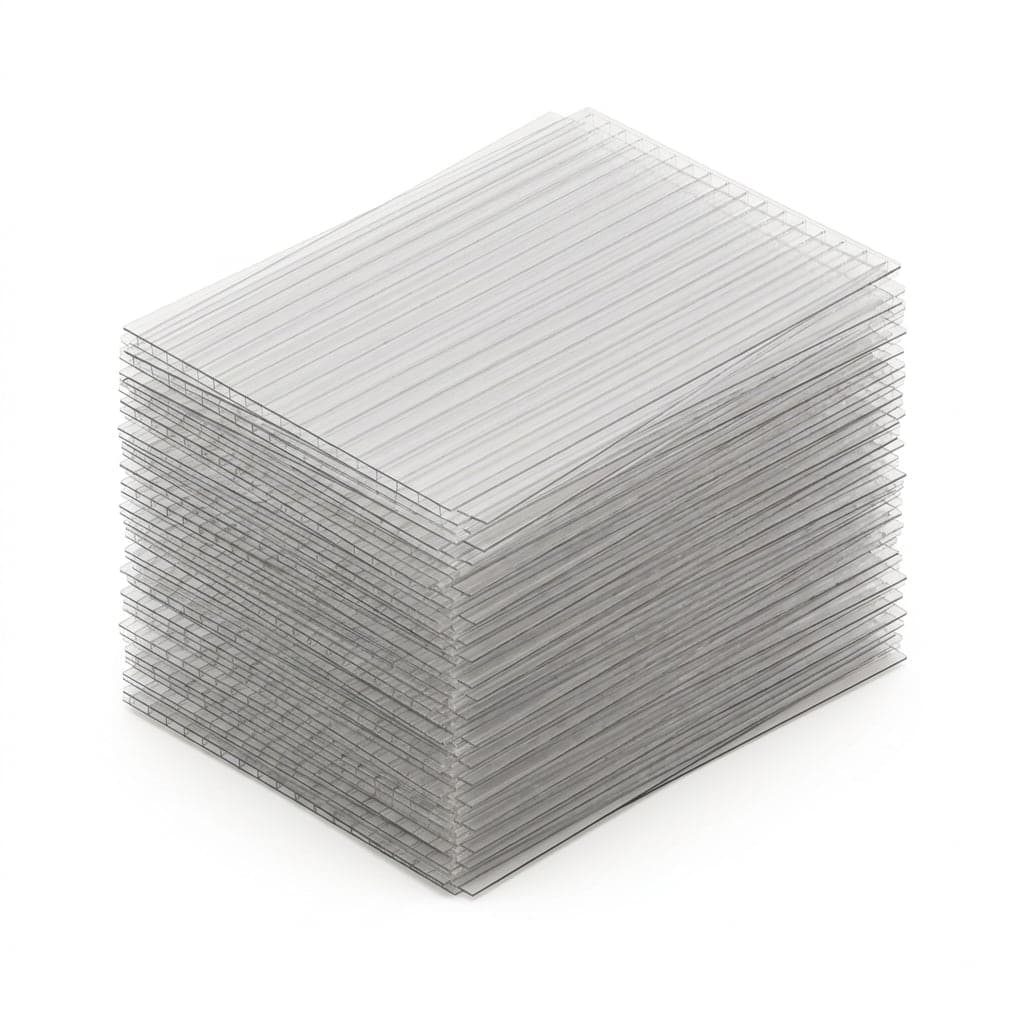Pile de plaques de polypropylène alvéolaire translucide, cannelures parallèles visibles sur la tranche.